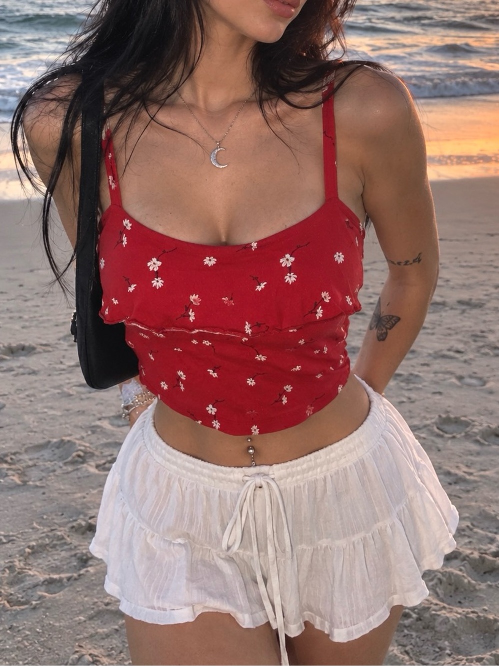 Dolls Red Floral Essential Stylish Everyday Crop Cami Top- Women’s